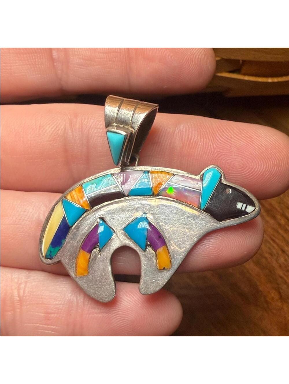 Southwest Sterling Silver Inlay Bear Pendant
